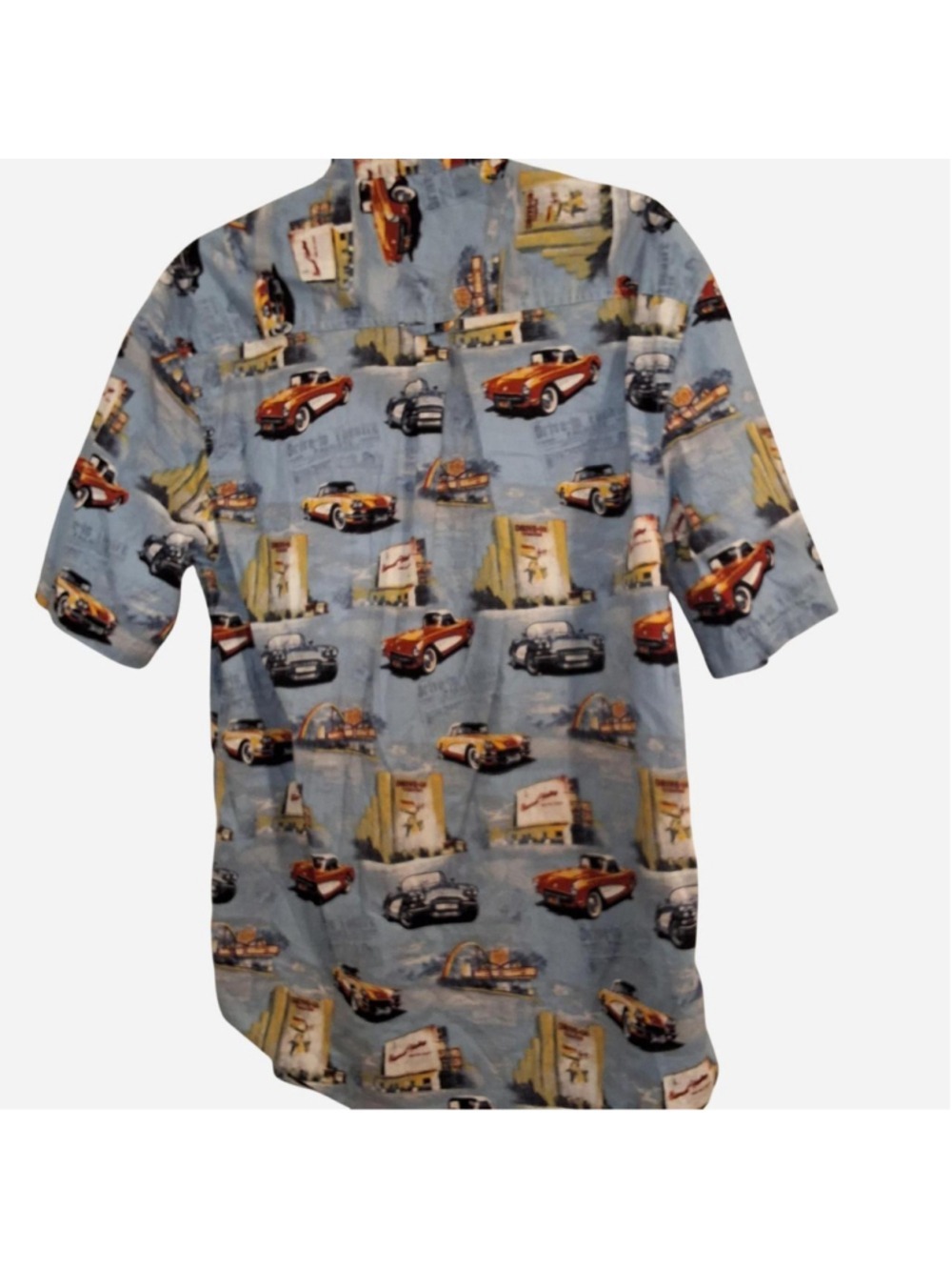 Sunset Valley blue button-up shirt vintage cars retro graphics cotton large - Picture 2 of 5